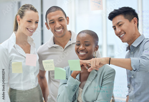 Business people, sticky notes or strategy planning on glass wall in creative marketing office, advertising or growth schedule. Smile, happy or teamwork diversity collaboration thinking of brand goals