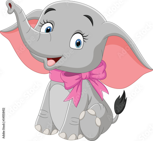 Cute elephant cartoon with pink bow on neck