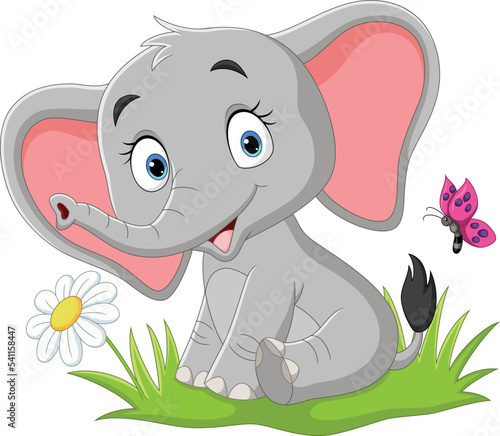Cartoon baby elephant with butterfly in the grass