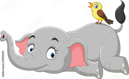 Cute elephant cartoon lying down with bird
