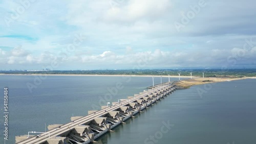 Aerial View Of Haringvlietdam Crossing The Haringvliet. Zoom Out photo