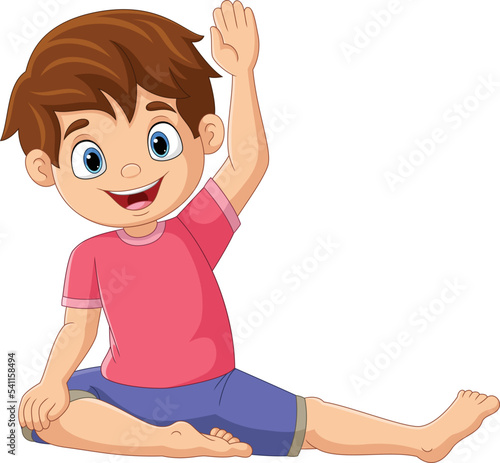 Cartoon little boy doing deer yoga pose