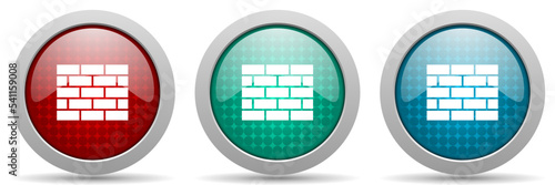 Brick wall vector icon set, glossy web building buttons collection