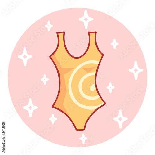 Cute hand-drawn sport swimsuit in doodle cartoon style. Round composition in neutral candy colors. Kawaii element for card, social media banner, sticker, kids playroom decor. Vector illustration
