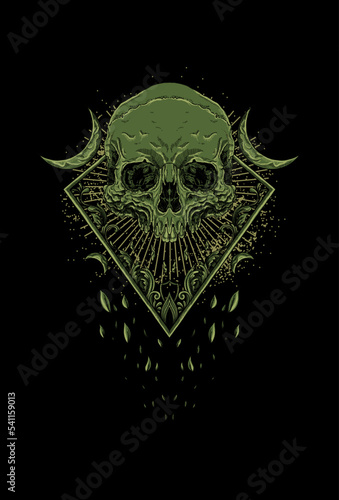 Skull with leaf ornament and moon illustration