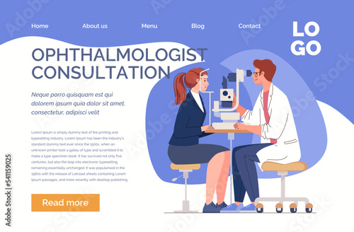Clinic of ophthalmology. Eye examination and diagnosis of diseases. Oculist checks eyesight of patient. Website, template, landing page. Vector characters flat cartoon illustration.