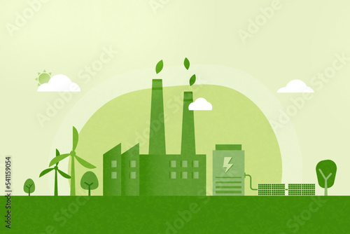 Green industry and alternative renewable energy.Green eco friendly cityscape background.Ecology and environment concept.Vector illustration.