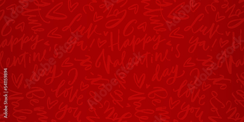 Happy Valentine's day red background with script love messages. Low contrast seamless pattern with gradient overlay. 