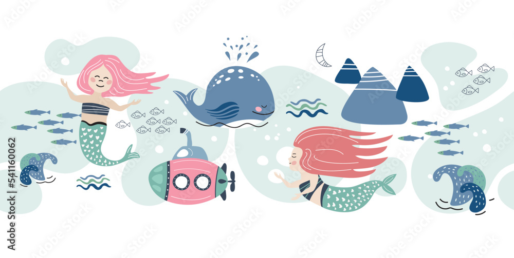 Horizontal seamless pattern. Mermaids, pink submarine and whales.