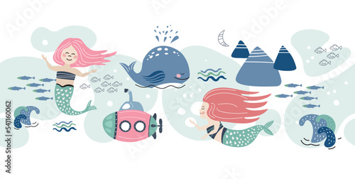 Horizontal seamless pattern. Mermaids, pink submarine and whales.