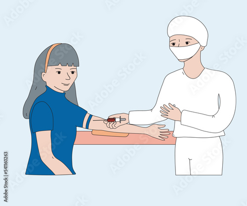 a nurse or a doctor takes blood tests from a girl's vein