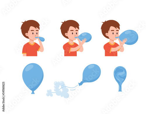Little boy inflates balloon, rubber balloon blowing process - flat vector illustration isolated on white background.