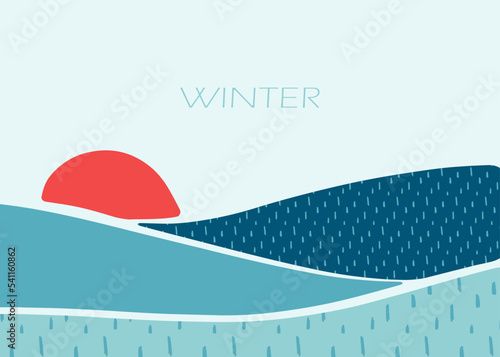 Winter abstract landscape with snowdrifts and red sun. Winter background in blue tones at sunset. Bright illustration with texture. Modern style.