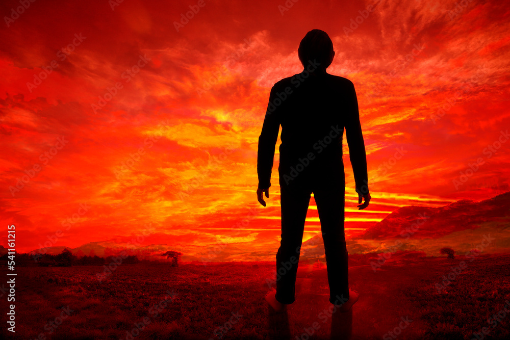 Man looking at the end of the world, conceptual illustration Man looking at the end of the world, conceptual illustration
