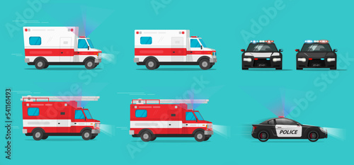 Ambulance emergency car vector 3d, side firefighter truck and front police fbi rescue vehicle van clipart graphic illustration cut out, safety automobiles clip art set image