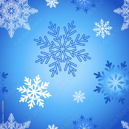 Seamless pattern of snowflakes on a blue background. Vector illustration for winter decoration, fabric or wrapping paper.