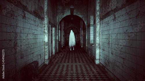 Floating Ghost in a Asylum Halloween Dark Film Grain Analogue Aesthetic Gothic Building with Ghost Hunters Camera Flash 3d illustration render