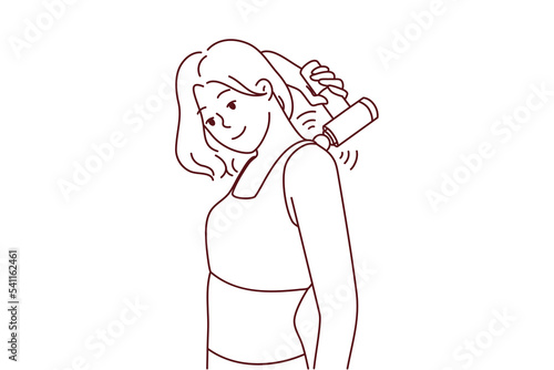 Young woman massage back with electric massager. Smiling girl relieve backache with electronic massaging device. Vector illustration.