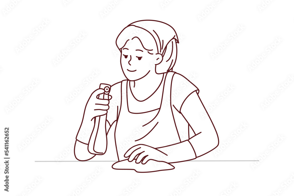 Female housekeeper with detergent and cloth working cleaning surface. Housewife take care of house cleanliness. Housekeeping and hygiene. Vector illustration.