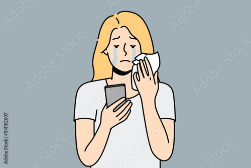 Stressed young woman look at cellphone screen crying. Unhappy girl suffer from bad message or breakup notice on smartphone. Vector illustration. 
