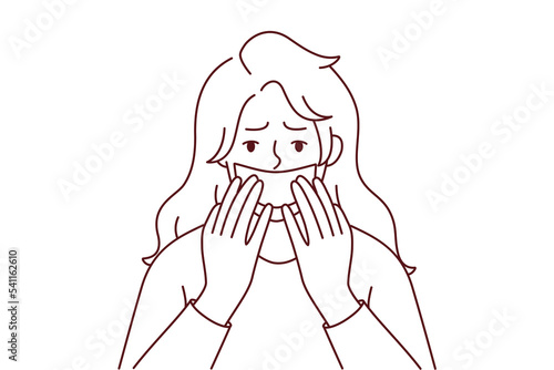 Scared young woman with tape on mouth suffer from speech censorship. Terrified female have freedom of speech limitation. Discrimination and harassment. Vector illustration.