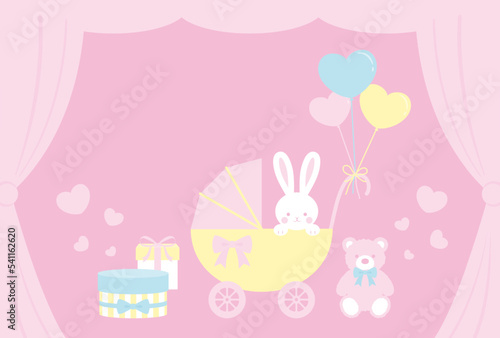 vector background with a stroller, rabbit, teddy bear, balloons, gift boxes for banners, baby shower cards, flyers, social media wallpapers, etc.