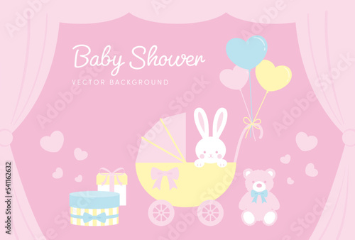 vector background with a stroller, rabbit, teddy bear, balloons, gift boxes for banners, baby shower cards, flyers, social media wallpapers, etc.