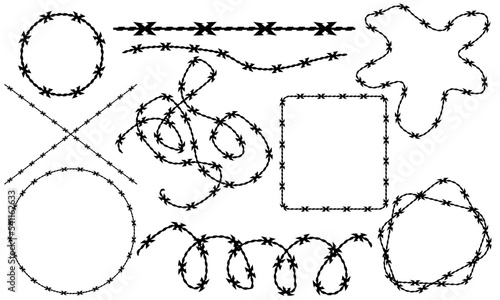 Barbed wire. Template of brush, set of design elements, frames. Vector illustration