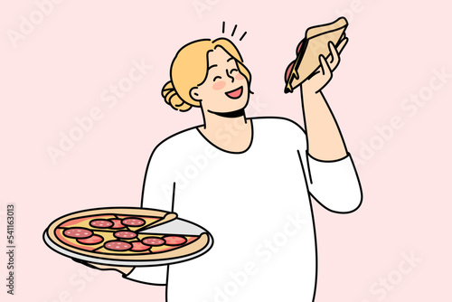 Happy overweight woman with pizza in hands enjoy fast food. Smiling fat female eating Italian food. Body positive. Vector illustration. 