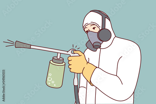 Man in protective uniform spraying pesticide to kill insects and rodents. Male exterminator or pest control worker in suit doing disinfection. Vector illustration. 