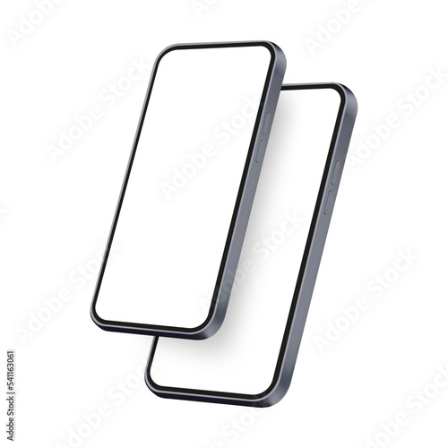 Two Modern Smartphones Mockups with Blank Screens, Side Perspective View, Isolated on White Background. Vector Illustration