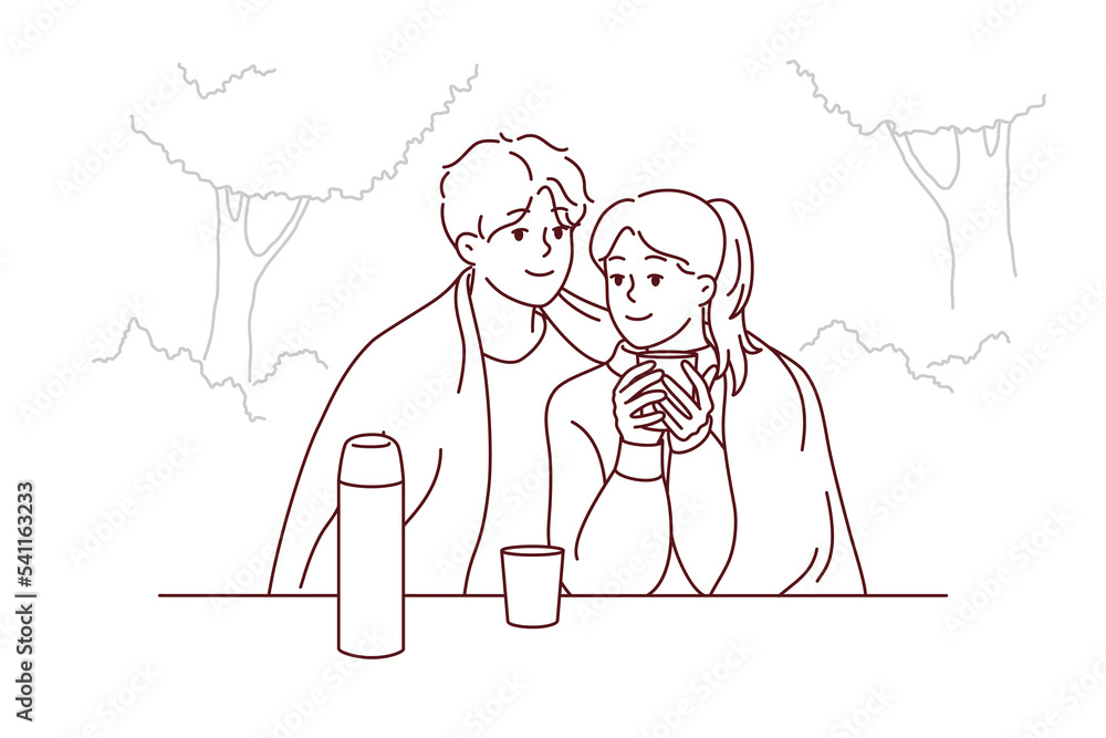 Happy couple sitting in park hugging drinking warm coffee enjoy romantic date together. Smiling loving man and woman embrace cuddling outdoors. Vector illustration.