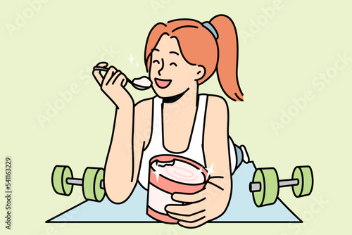 Smiling girl lying on fitness mat eating ice cream. Happy young woman quit sport enjoy dessert from jar. Diet and nutrition. Vector illustration. 