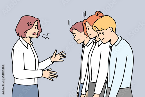 Furious businesswoman scream and scold stressed employees at workplace. Angry authoritarian female boss shout and lecture unhappy workers. Vector illustration. 