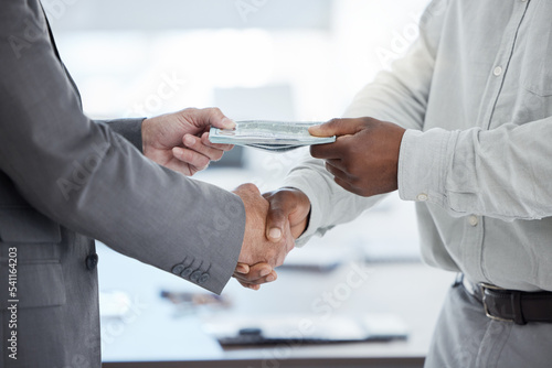 Obraz na płótnie Hands, bribe and handshake, money or dollars for illegal deals, lending loan or investment