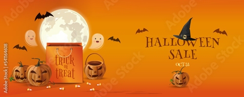 Halloween sale horizontal banner design. Orange paper shopping bag for Halloween. 31 October. Vector illustration