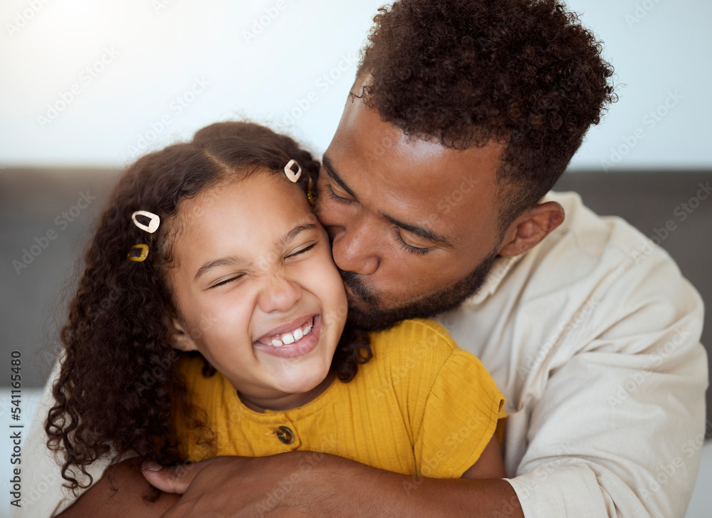 Love, family and girl and father kiss on a sofa while bonding, relax and hug in a living room in their home together. Happy family, smile and portrait of loving child embrace parent on couch indoors Love, family and girl and father kiss on a sofa while bonding, relax and hug in a living room in their home together. Happy family, smile and portrait of loving child embrace parent on couch indoors