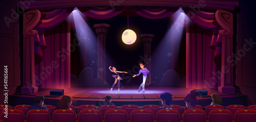 Ballet dancers perform on theater scene. Ballerina and man artist wear costumes dance on classic stage with red curtains, spotlights, moon and people sitting on chairs, Cartoon vector illustration