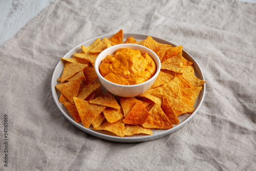 Cheese dip with tortilla chips, side view. photo