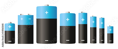 Set of alkaline battery vector illustration. Different types and sizes of batteries isolated on white background.