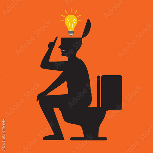 Man sitting in the bathroom while light bulb over the open cut out head, Smart Solution Idea, Power creativity,  illustrator vector cartoon drawing image painting