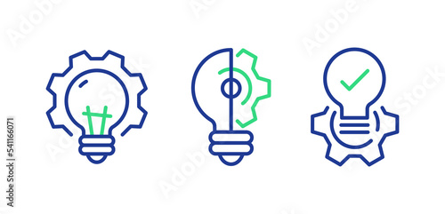 Bulb in Gear outline icon - vector cogwheel with lightbulb inside symbol in thin line style
