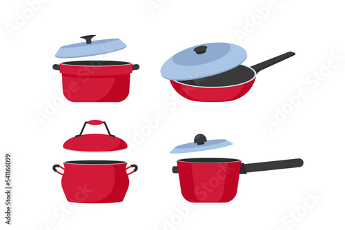 Saucepans, pans, cooking pots, stewpot with lids and handles. Metal utensils. Aluminum, cast iron and stainless steel kitchenware set