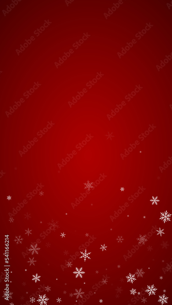 Magic falling snow christmas background. Subtle flying snow flakes and stars on christmas red background. Magic falling snow holiday scenery. Vertical vector illustration. Magic falling snow christmas background. Subtle flying snow flakes and stars on christmas red background. Magic falling snow holiday scenery. Vertical vector illustration.