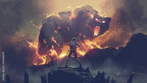 Fotografie, Obraz man with a flamethrower fighting with a demon bear, digital art style, illustrat