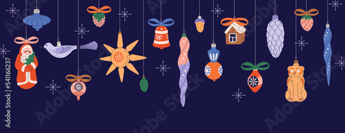 Vintage Christmas baubles. Xmas ornaments, toys in retro style on banner background. New Year decoration hanging on strings, santa figure, star, bell and cones. Colored flat vector illustration