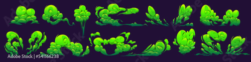 Bad smell, green smoke and toxic clouds isolated set. Cartoon vector stench or stink, comic book effect. Disgusting stinky breath, fart, curly fume trails, smelly garbage vapor on black background