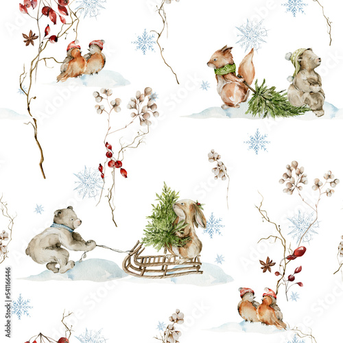 Watercolor christmas nursery seamless pattern. Hand painted woodland cute baby animals in wild, forest winter, snowflake, bear, bunny, rabbit for baby wallpaper, wall art decor, fabric, print