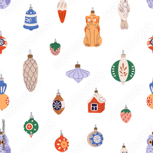Seamless Christmas pattern with baubles in retro style. Vintage Xmas ornament...