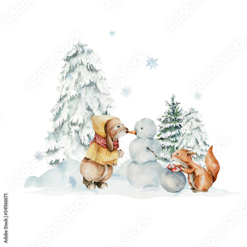 Watercolor nursery composition. Hand painted christmas woodland of cute baby animals, forest winter scene, snow, fir tree, squirrel, bunny. illustration for baby shower design, kids print, wall art